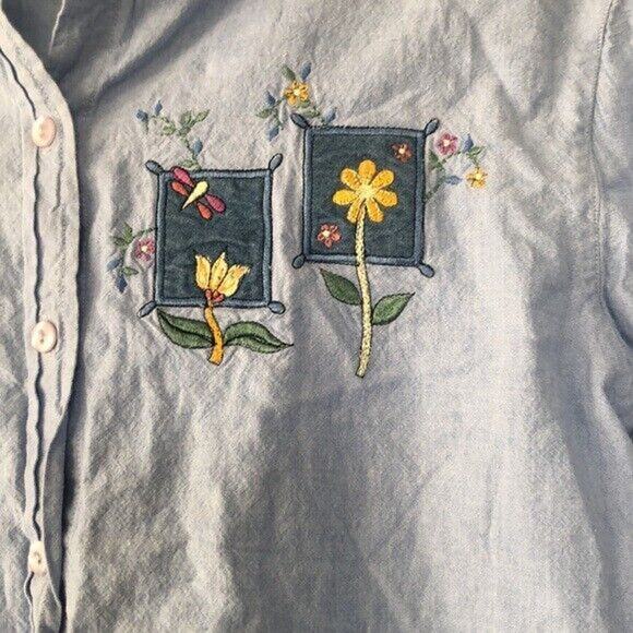 Vintage Citi Craze Women's L Blue Button Front Embroidered Flowers Short Sleeve - Picture 3 of 7